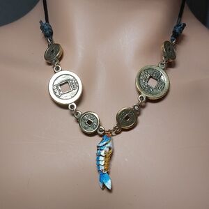 Feng Shui "fortune" coin Cloisonne Articulated Fish Adjustable Necklace